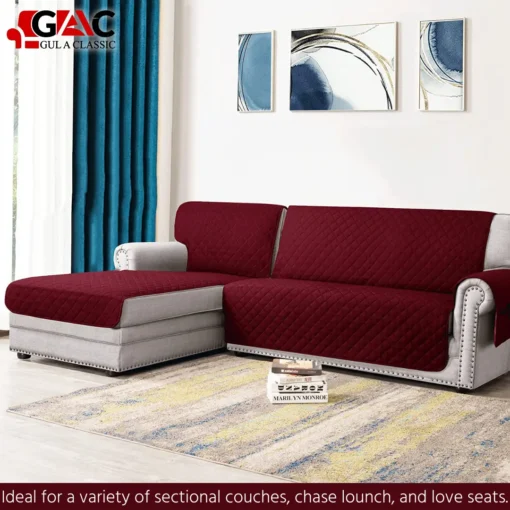 Gul A Classic L-Shape Quilted Sofa Cover with Side Pocket - Water-Resistant and Organizing Solution (2) maroon