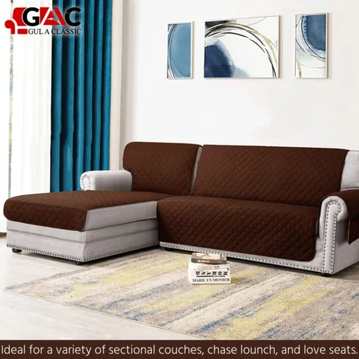 Gul A Classic L-Shape Quilted Sofa Cover with Side Pocket - Water-Resistant and Organizing Solution (1) brown