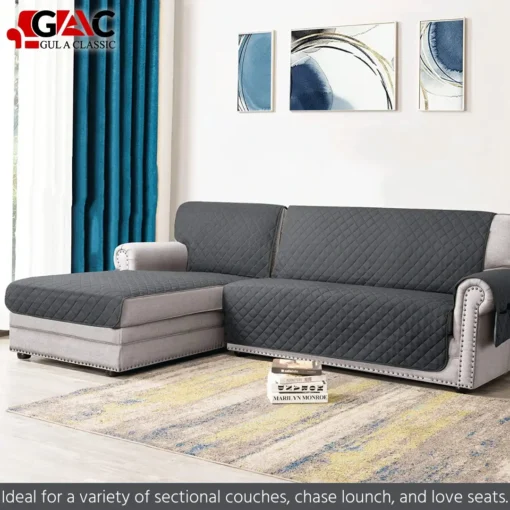 Gul A Classic L-Shape Quilted Sofa Cover with Side Pocket - Water-Resistant and Organizing Solution (1) grey