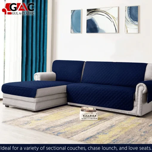 Gul A Classic L-Shape Quilted Sofa Cover with Side Pocket - Water-Resistant and Organizing Solution (1) navy blue