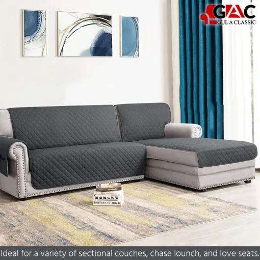 Gul A Classic L-Shape Quilted Sofa Cover with Side Pocket - Water-Resistant and Organizing Solution (2) grey