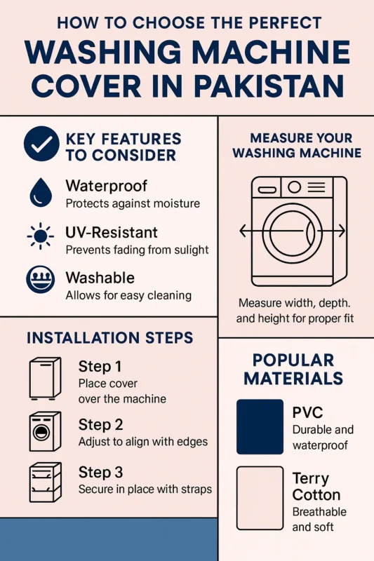 Infographic explaining how to choose a washing machine cover in Pakistan, including features like waterproofing, UV resistance, installation steps, and material types.