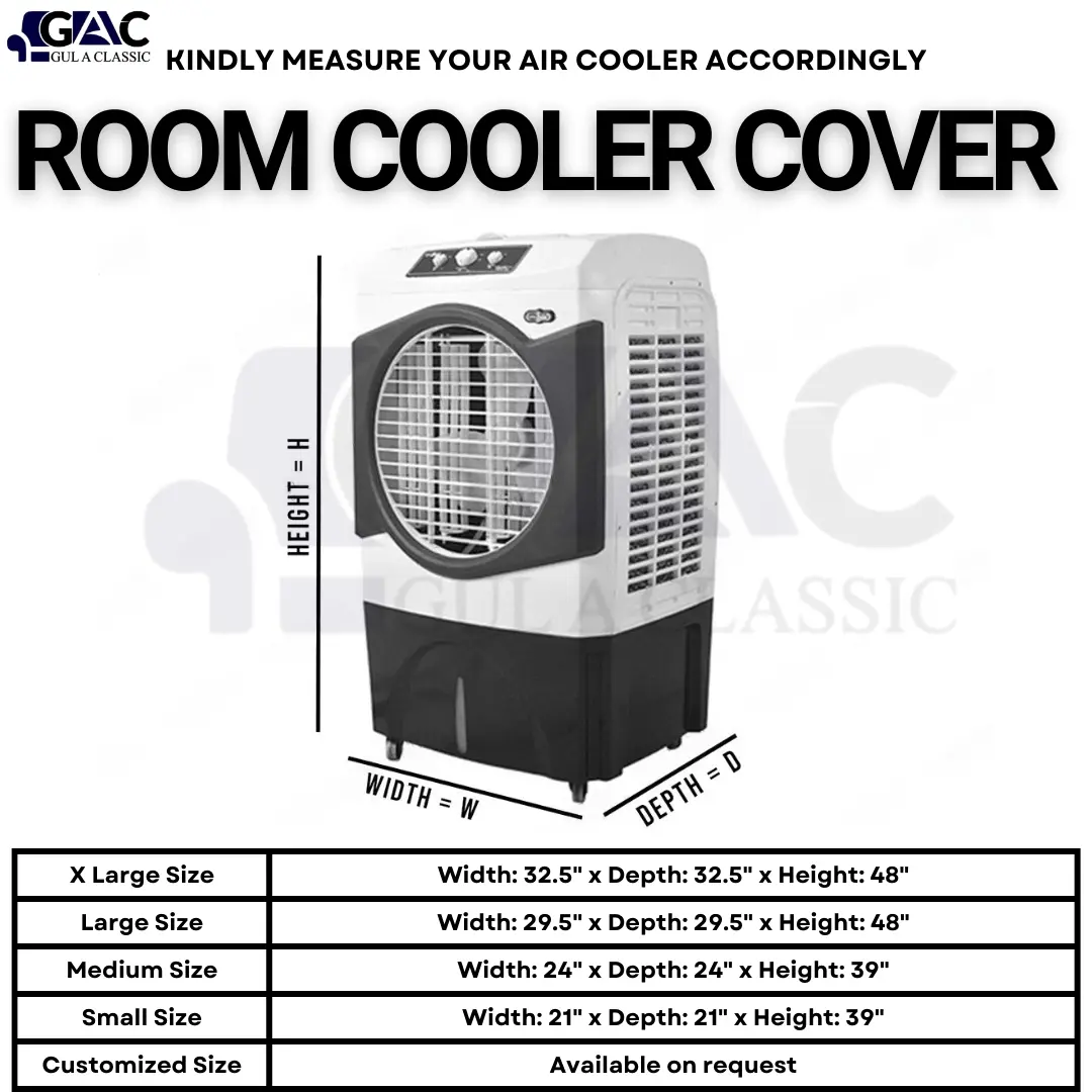 Room cooler cover size chart with width depth and height measurements