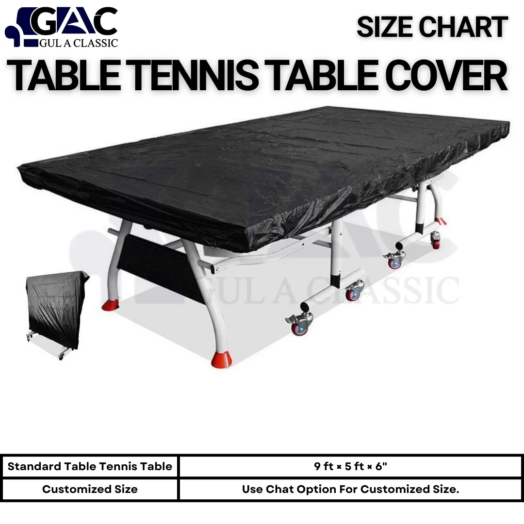 Table tennis table cover size chart with length, width, and height measurements