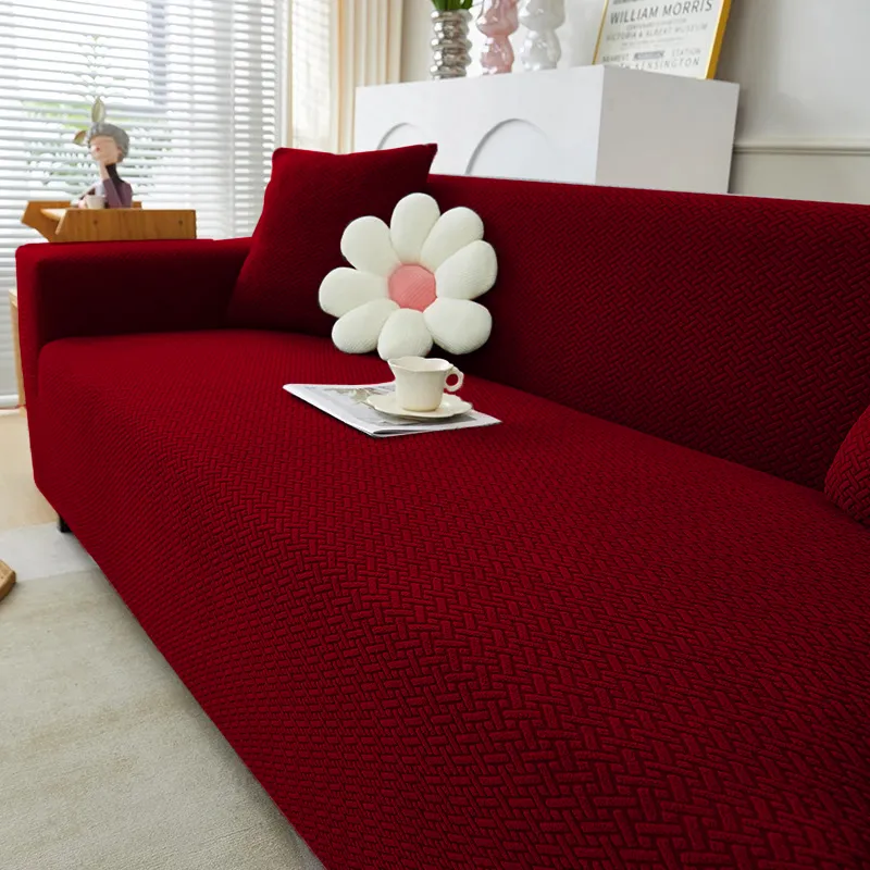 Maroon L-Shape Jacquard Sofa Cover Interior