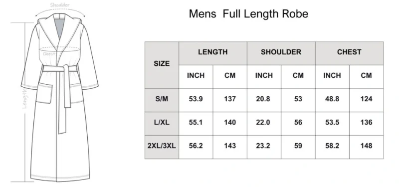 Size chart for Velour Fleece Bathrobe showing measurements for S, M, L, XL, XXL