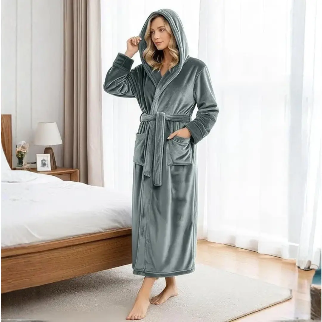 women fleece bathrobe grey plush hooded all season robe for women in Pakistan