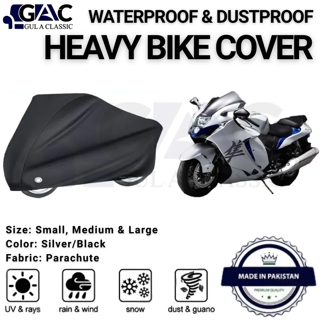 GulAClassic black heavy bike cover next to a Suzuki Hayabusa showing UV, rain, and snow protection.