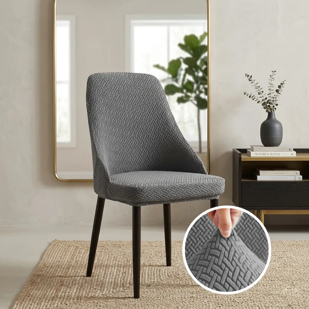 Front design of ash grey armless stretchable dining chair cover.