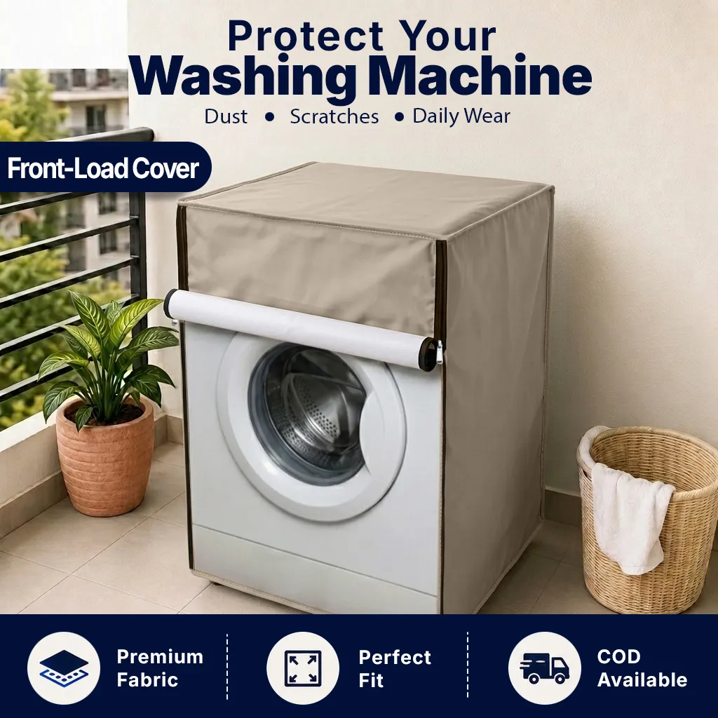 Premium waterproof front load washing machine cover installed on a machine in a balcony.