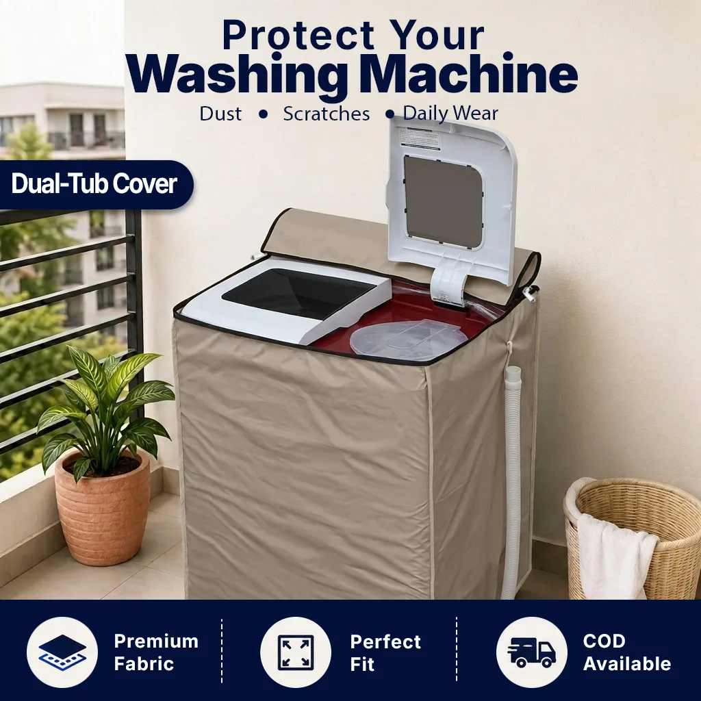 Gul A Classic premium beige twin tub washing machine cover installed on a manual double tub washer in a balcony setting.