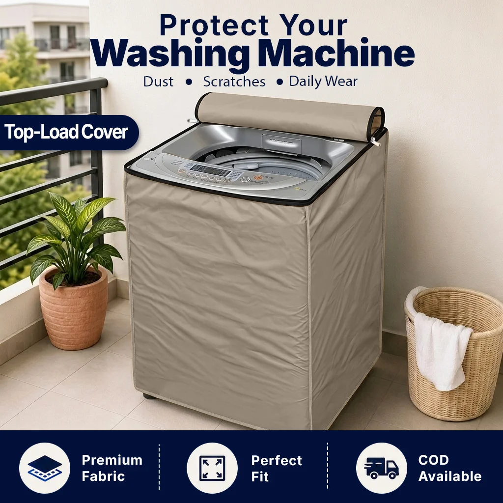 Premium waterproof top load washing machine cover on a balcony by Gul A Classic