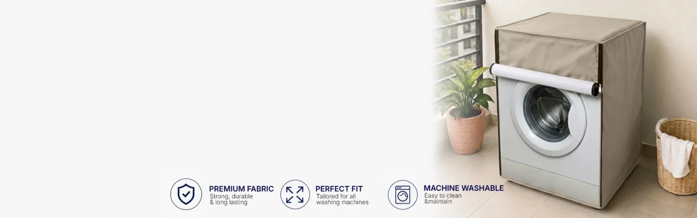 Gul A Classic premium waterproof washing machine covers web banner showcasing a tailored front load washer cover on a home balcony layout.