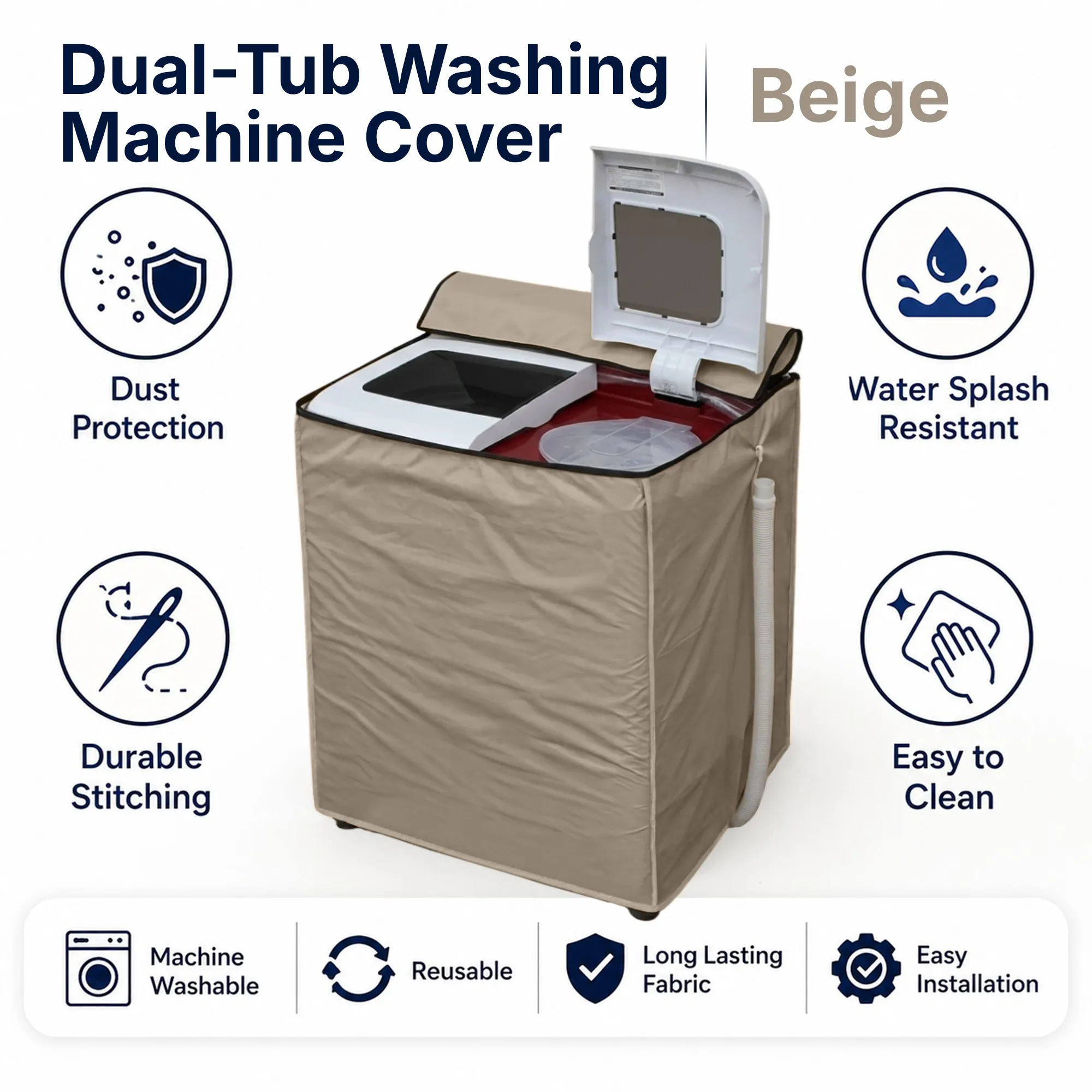 Product features infographic of Gul A Classic dual-tub washing machine cover illustrating dust protection, water splash resistance, and clean usability.