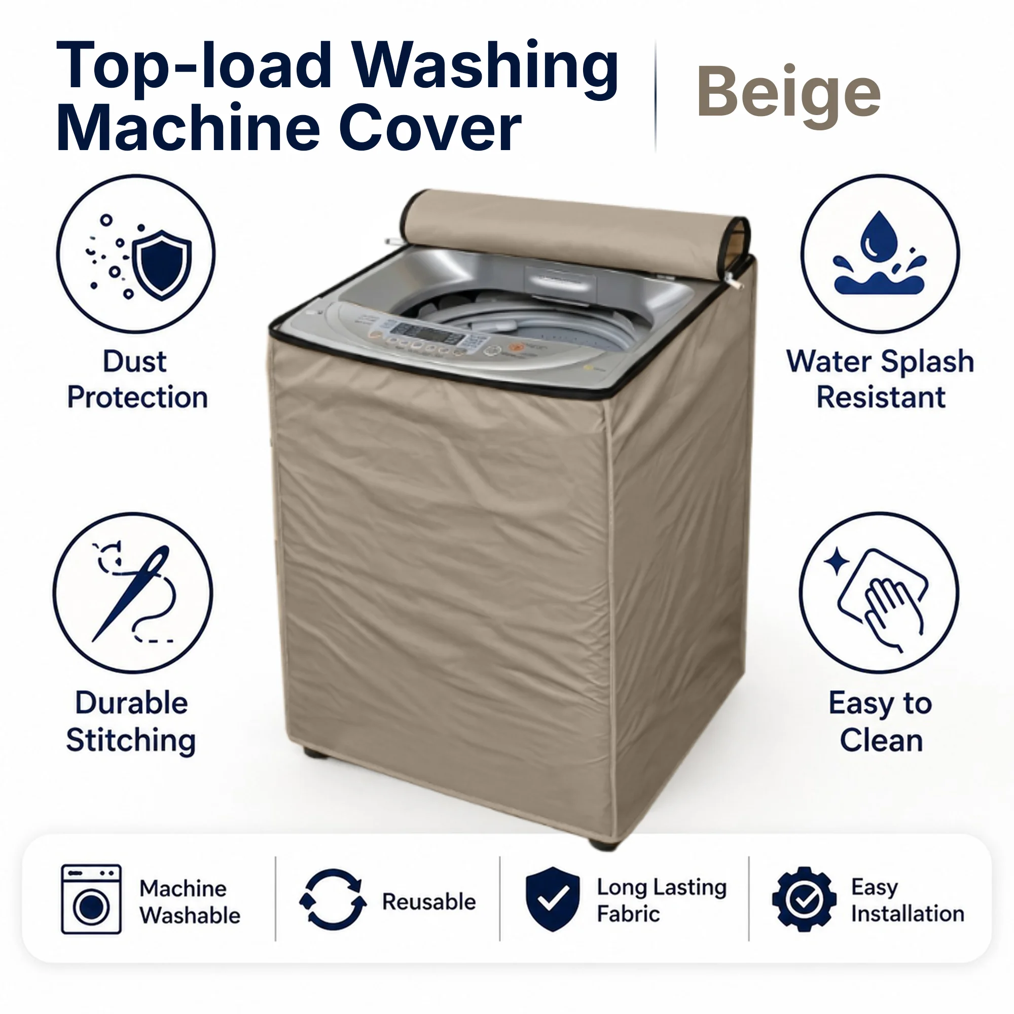 Waterproof washing machine cover with rolled up top zipper panel in a modern laundry area